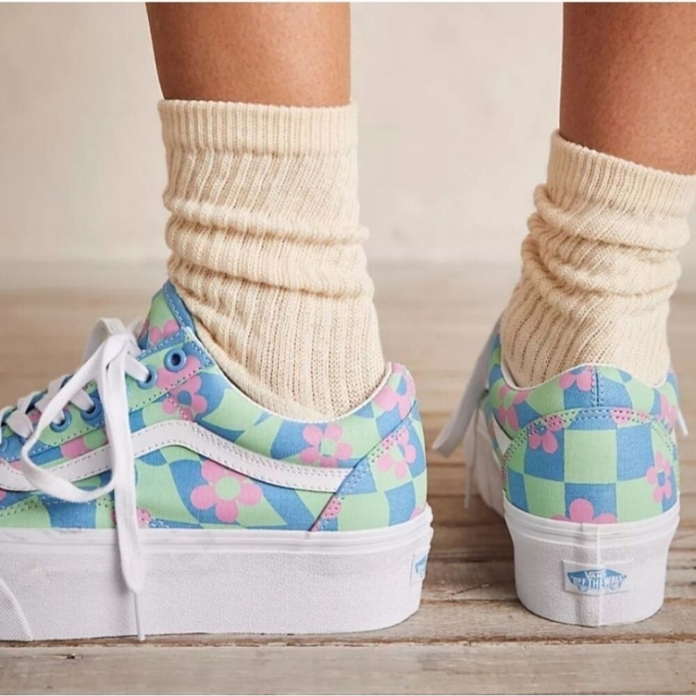 Vans | Old Skool Stacked Checkered Floral Blue Platform Shoes, Womens 9 - Picture 3 of 11